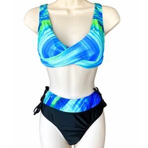 NWOT ~ 2 Piece Blue & Black Watercolors Bikini Lace Up Swimsuit ~ Women's Size 8